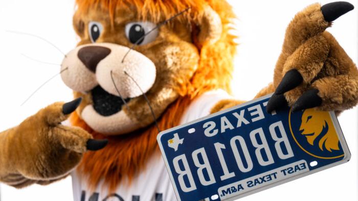 A person in a lion mascot costume holding a license plate.